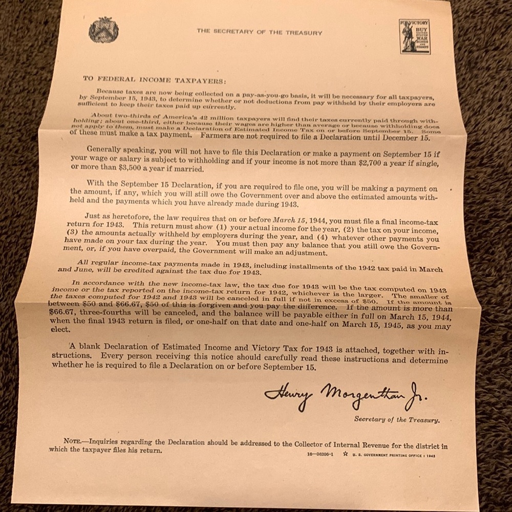 1943 Letter To Federal Income Tax Payers Tax Deductions Sign Henry Morgenthau Jr
